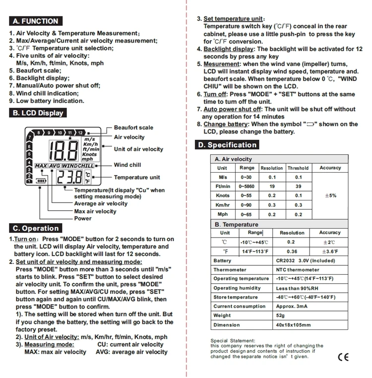 Мини цифровой анемометр 0-30 м/с измеритель скорости ветра-10~ 45C тестер температуры Анемометр ЖК-дисплей подсветка измерения скорости воздуха инструменты