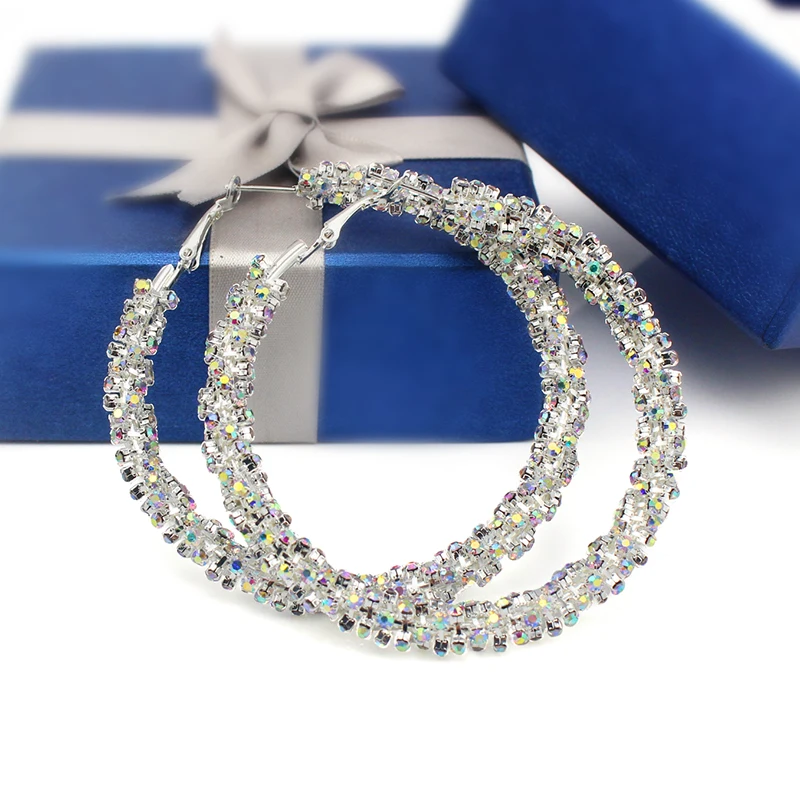 COUYA 60mm New Design silver Charm crystal hoop earrings Geometric Round Shiny rhinestone big circle earring jewelry women | Украшения и