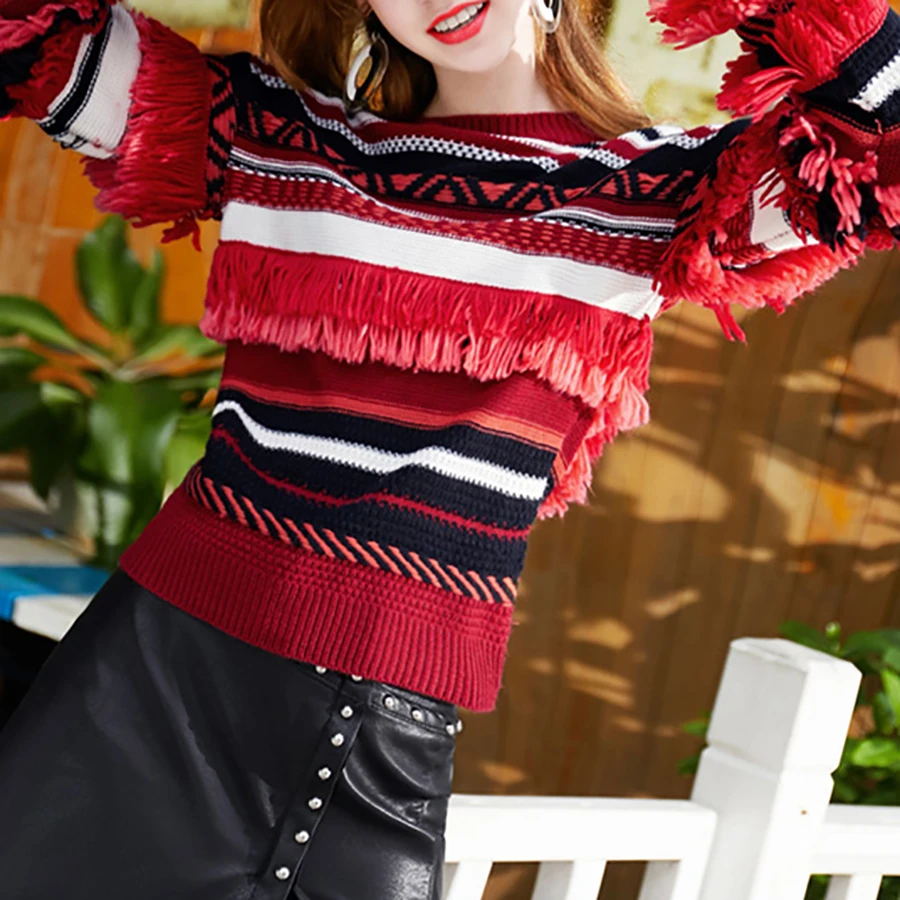 2018 осень-зима полосатый свободный свитер для улицы с бахромой хит Цвет короткие