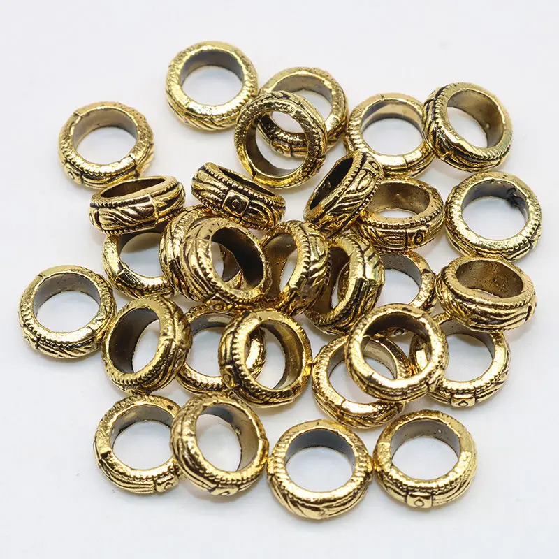 Gold 9 мм, 50 шт./лот, винтажный тибетский серебряный с большим отверстием, бусины с золотым и серебряным узором в виде колеса, рукоделие, браслет, изготовление ювелирных изделий - Цвет: Gold