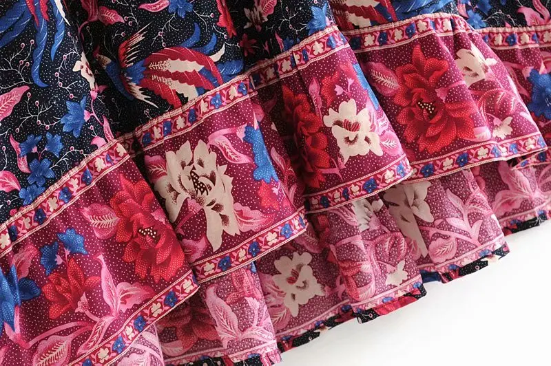 Vintage chic women Hippie birds floral print beach Bohemian pleated skirt High Elastic Waist Maxi A-Line Boho Skirt Femme