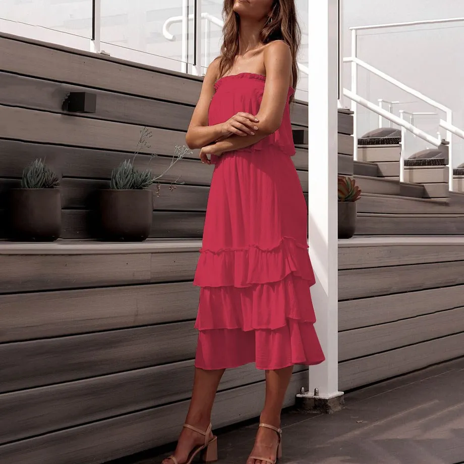 Summer Boho Women Crop Top Sleeveless Pleated Two Pieces Skirt Set Female Ruffled Cake | Женская одежда