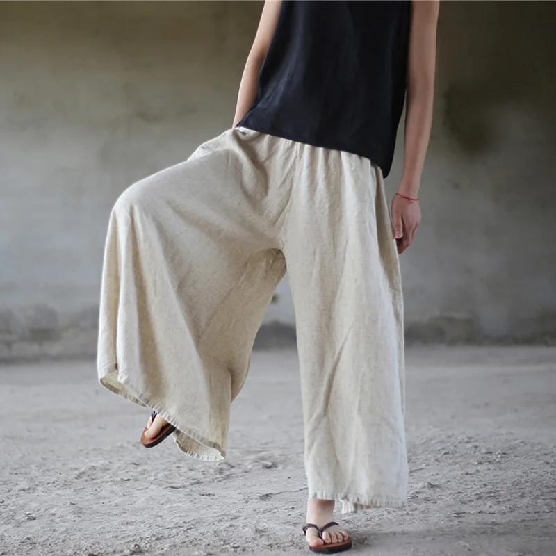 

SCUWLINEN 2021 Vintage Trousers for Women Casual Elastic Waist Long Linen Pants All-match Women Loose Wide Leg Pants W50