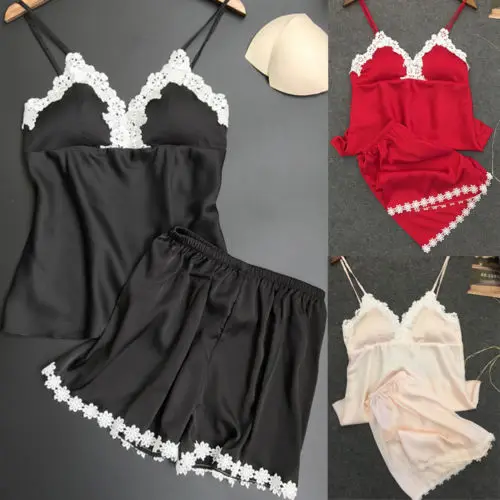 Сексуальный женский Шелковый пижамный комплект 2018 новый летний кружевной мягкий