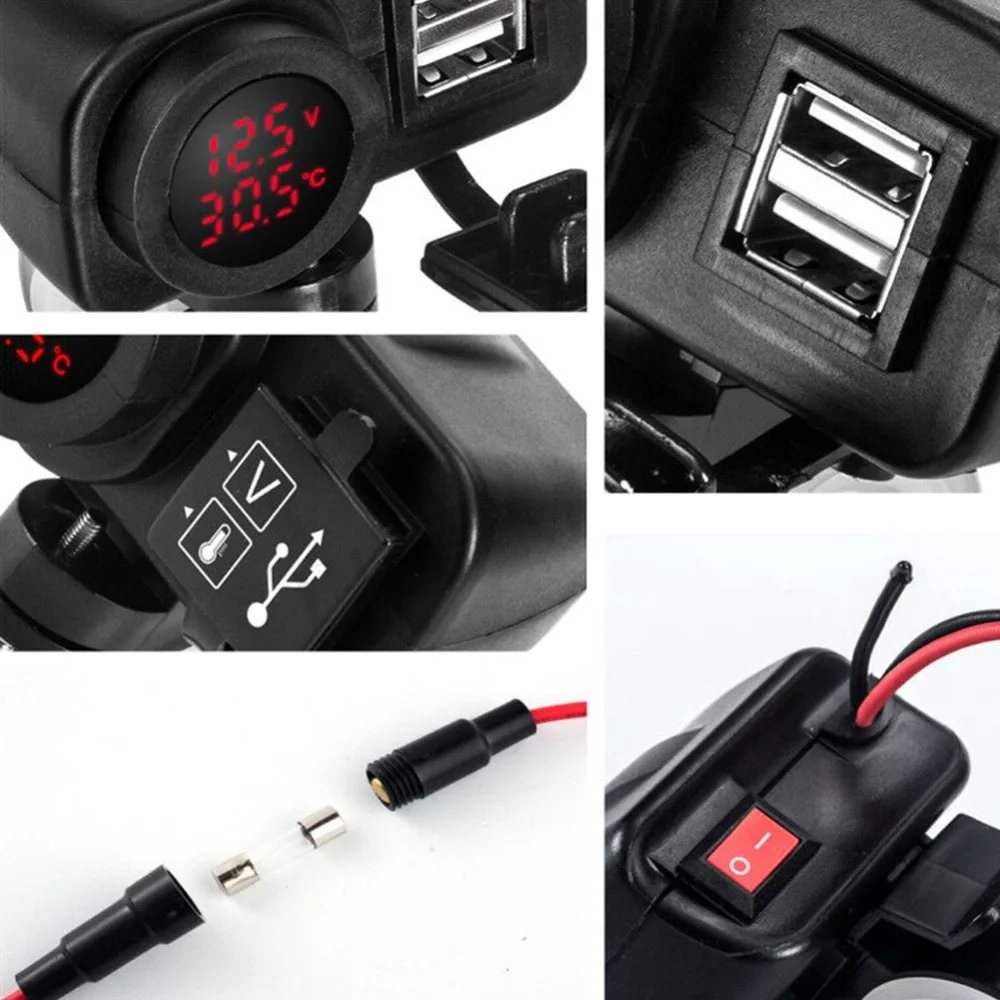 12V светодиодный usb-зарядное устройство для мотоцикла 2.1A+ 2.1A Цифровой вольтметр+ термометр высокая температура Коррозионностойкий водостойкий