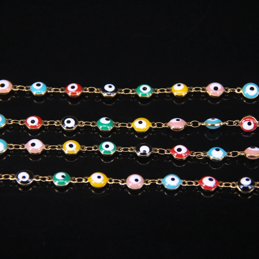 

5Meter/Lot 6mm Colourful Enamel Plated Golden Rosary Chain Evil Eye Bead,Lampwork Glass Coin Copper Chain,DIY Bracelet Findings