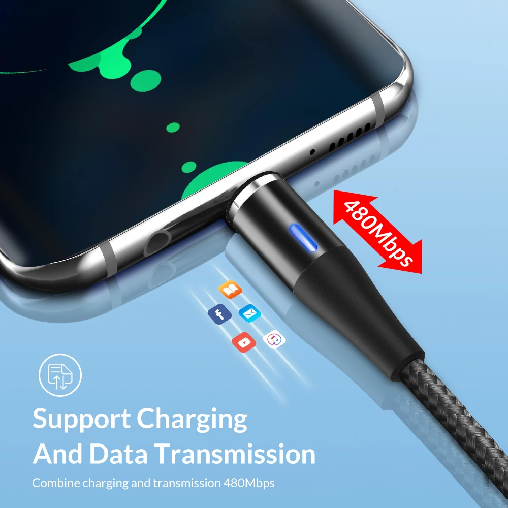 Магнитный светодиодный usb кабель TOPK 1 м для быстрой зарядки и передачи данных Micro