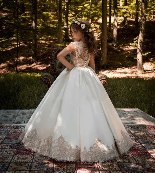 Luxury New Custom Made Flower Girls Dresses Ball Gown Short Sleeve Lace Satin First Communion Dress Size 2-16 | Детская одежда и