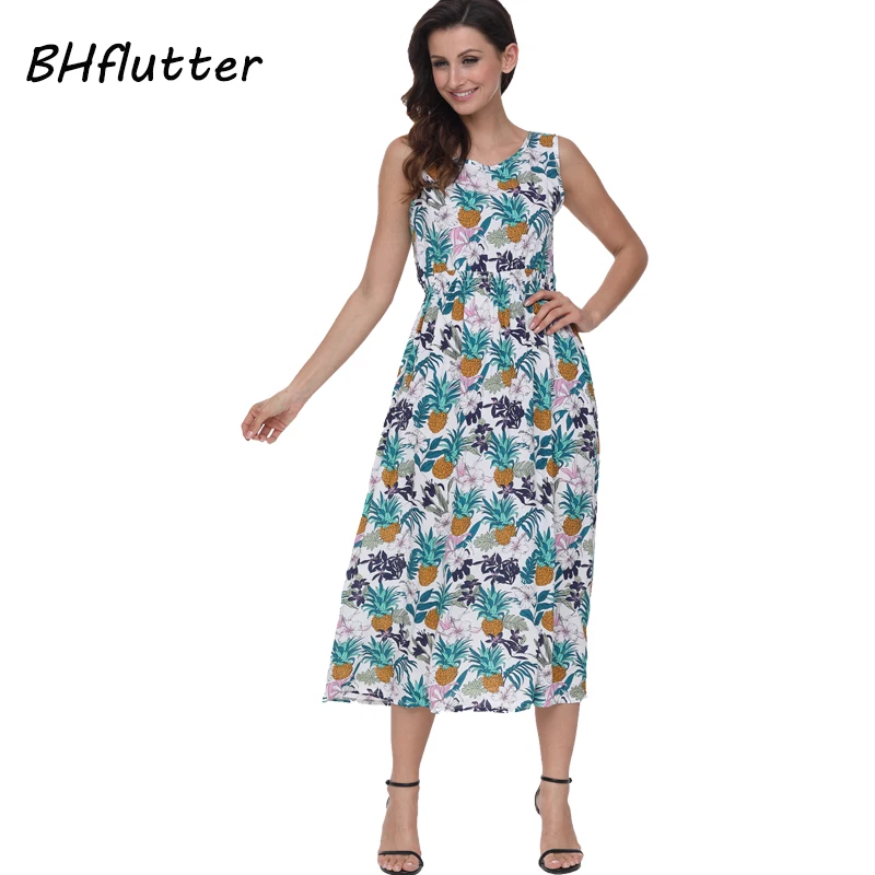 Женское хлопковое платье без рукавов BHflutter повседневное пляжное Бохо с цветочным