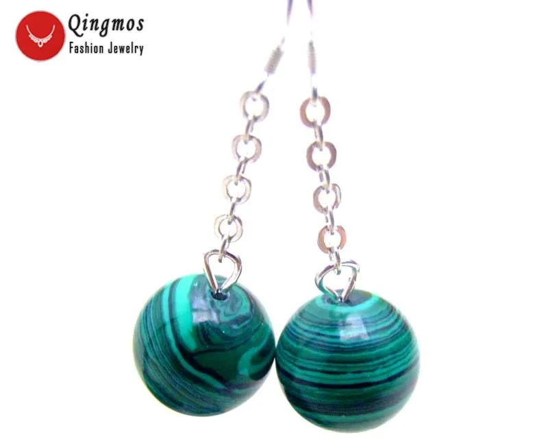 

Qingmos Natural Agates Earrings for Women with 14mm Round Dark Green Stripe Agates Dangle Hook Earrings Fine Jewelry Ear334