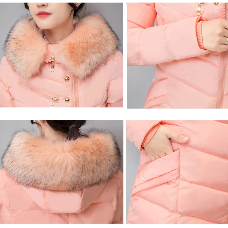 

Nice Women Winter Hooded Jacket Female Large Fur Collar Warm Coat Ladies Slim Long Parka Cotton Padded Chaqueta Feminino