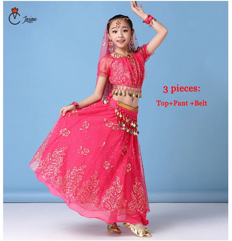 Rose red 3 pcs Детская одежда Набор костюма для танца живота сценическое живота Одежда для танцев для девочек Индии Танцы Болливудский костюм, для детей от 3/8 шт - Цвет: Rose red 3 pcs