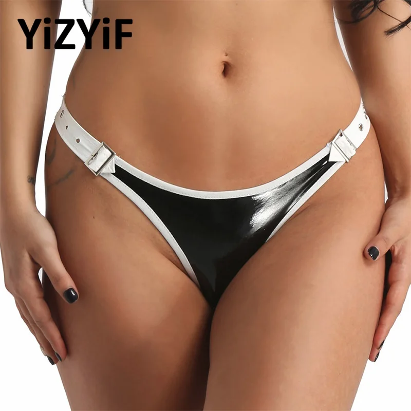 

Sexy Bikini bottoms Women Thong Underwear Wetlook Briefs Adjustable Waist Buckles Low Waist Sexy Briefs G string Thongs Lingerie
