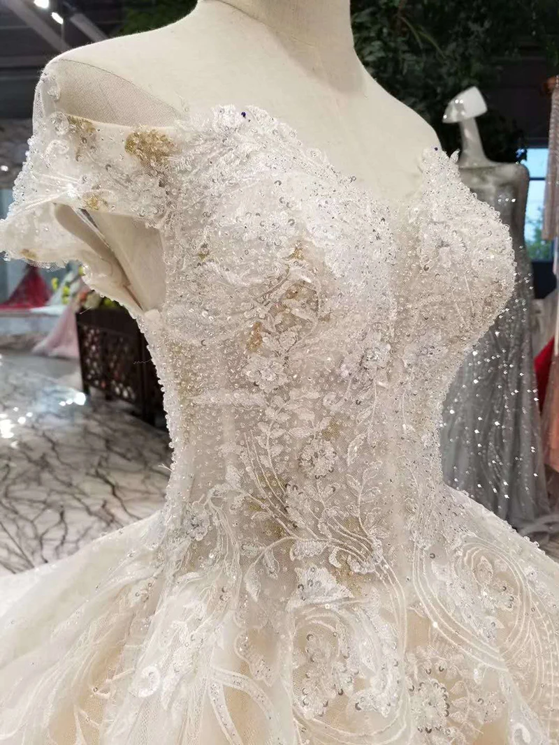 LSS186 блестящие кружевные свадебные платья с открытыми плечами милое бальное