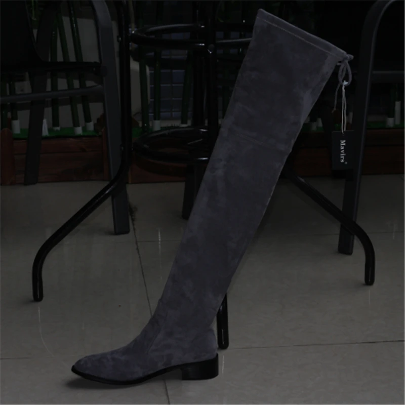 Kmeioo shoes woman 2018 Winter Pointed Toe Thigh High Over The Knee Women Boots Stretch Suede Flat Heel Tall US Size 5-15 | Обувь