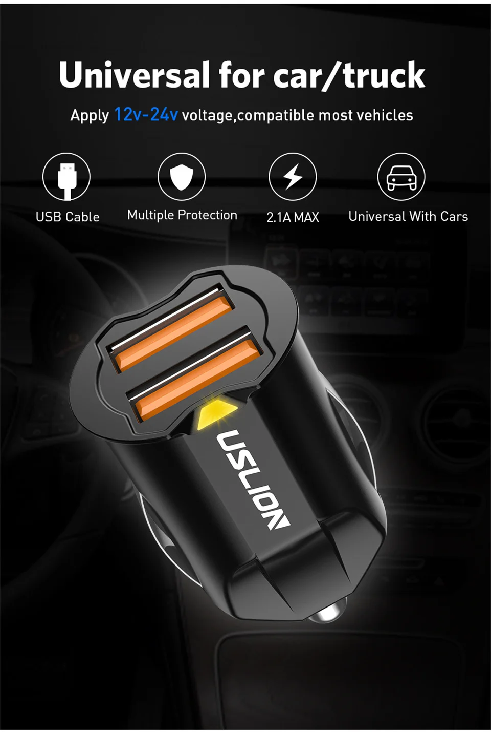 USLION Mini 2 порта Переходник USB для зарядки в машине для iPhone samsung QC3.0 Быстрая зарядка USB зарядное устройство для мобильного телефона двойной USB Автомобильное зарядное устройство