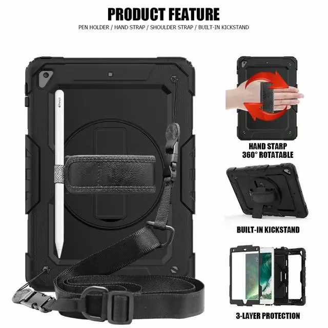 

Hand Strap & Neck Strap Case for Apple New iPad 9.7 2017 2018 6th generation 360 Degrees Rotating cover Tablet A1822 A1893 +pen