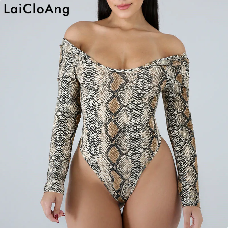 As Shown LaiCloAng принт змеиной кожи обтягивающий сексуальный женский боди Весна длинный рукав хлопковый комбинезон женский с открытой спиной Повседневный обтягивающий костюм комбинезон - Цвет: As Shown