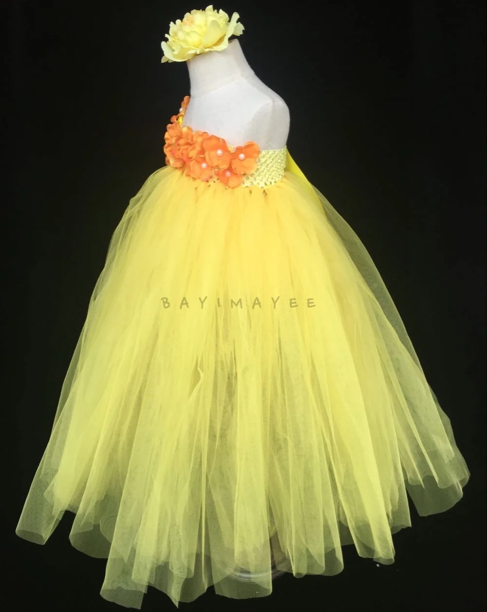 Girls Yellow Crochet Tutu Dress Baby Fluffy Tulle Single Shoulder Ball Gown with Flower Headband Kids Costume Party | Детская одежда и