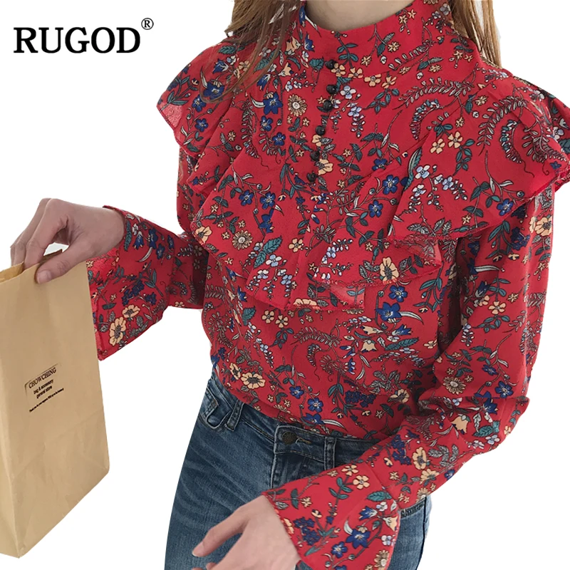 Rugod 2019 летняя модная женская рубашка с принтом длинный рукав трикотажная