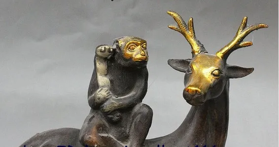 YM 322 китайская Бронзовая позолоченная статуя зодиака Yaer Monkey Hold RuYi Ride Sika Deer | Дом и