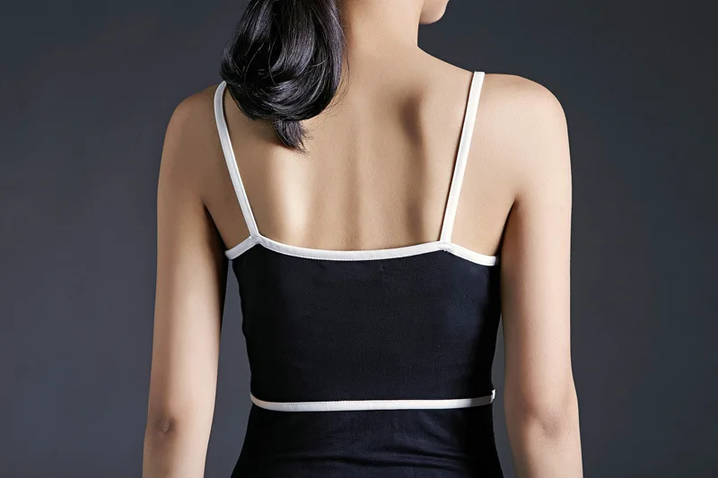 European and American trade big temperament spring classic black white color dress slit evening strap | Женская одежда