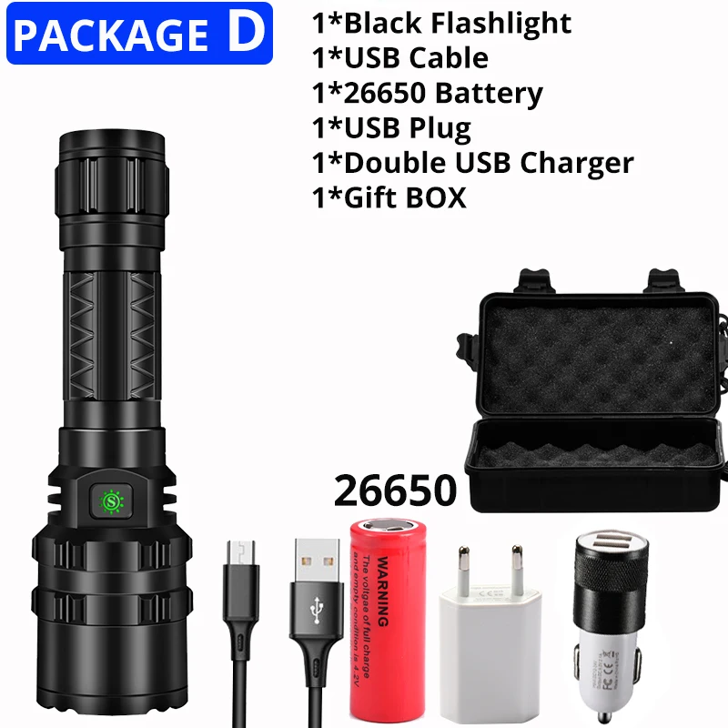 Package D-26650 Самый мощный Xlamp Xhp50.2 светодиодный фонарик Перезаряжаемые Водонепроницаемый фонарь Usb фонари 18650 или 26650 лучший отдых на природе, на открытом воздухе - Испускаемый цвет: Package D-26650