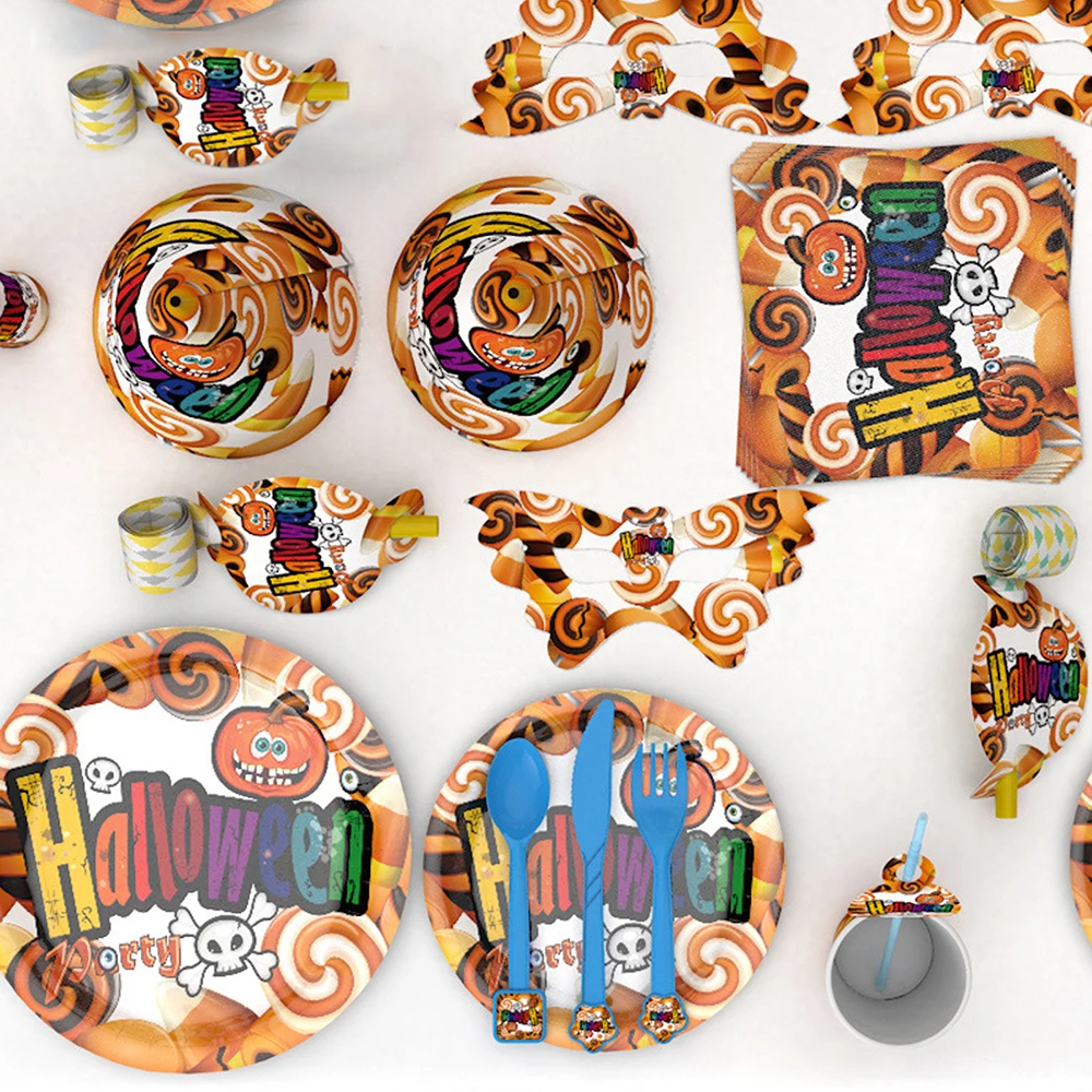 Creative Halloween Pumpkin Tableware Set Disposable Paper Plates Cups Straws Napkin Tablecloth For Festival Event Party Supply | Дом и сад