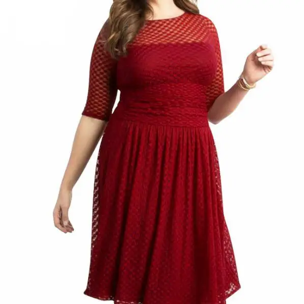Женское кружевное платье в горошек красное/синее вечернее большого размера с