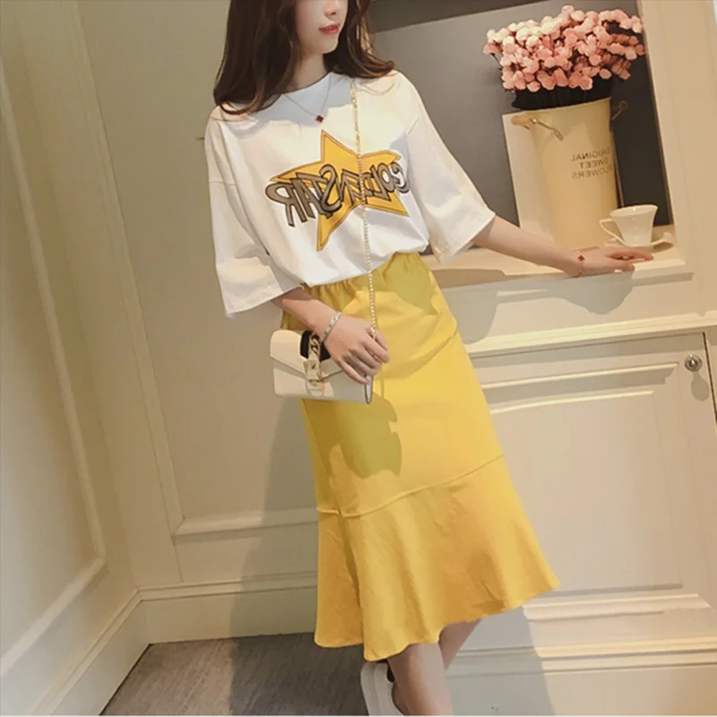 

Womens Sets Two Piece Sets Plus High Waist Wide Ruffles Trim Pencil Skirts Printed T-shirt new Half Sleeve Casual Women's Sets