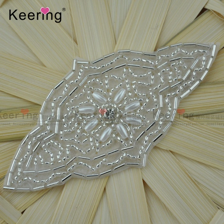 

Simple Design Silver Glass Pipe Beaded Applique For Bridal Comb WRA-904