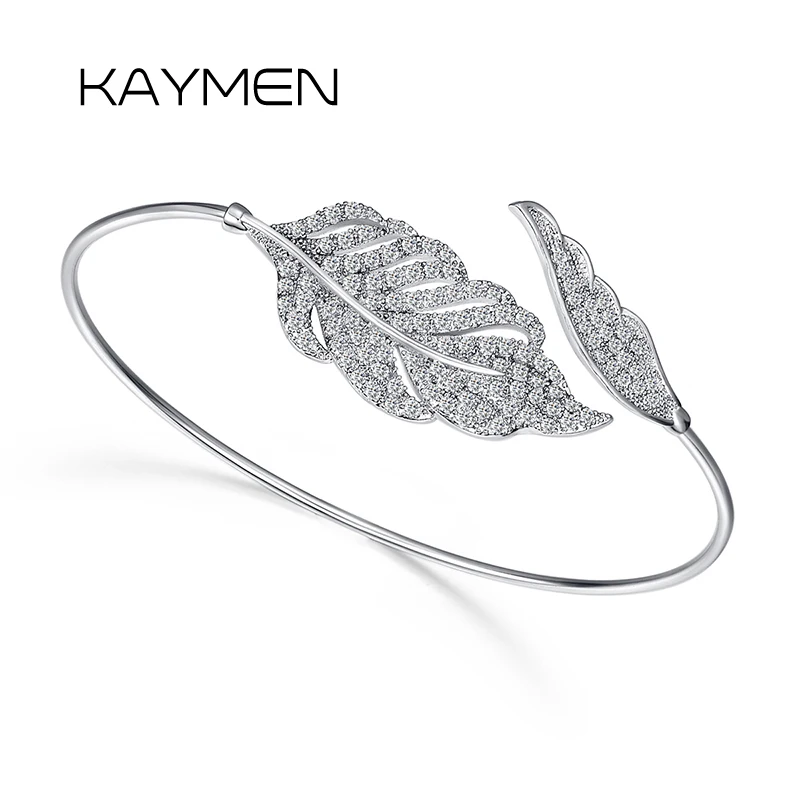 

KAYMEN New Arrivals Leaf Shape Girls Cuff Bracelet Silver Plated Inlaid Zircon Stones Fashion Bangle for Women Drop-shipping