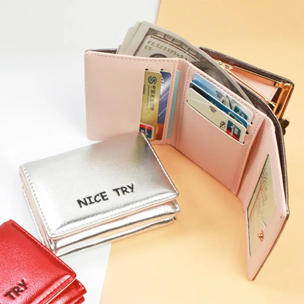 

THINKTHENDO PU Leather Letter Embroidered Tri-folded Short Wallet Card Holder for Women Coin Purse with 6 Insert Slot