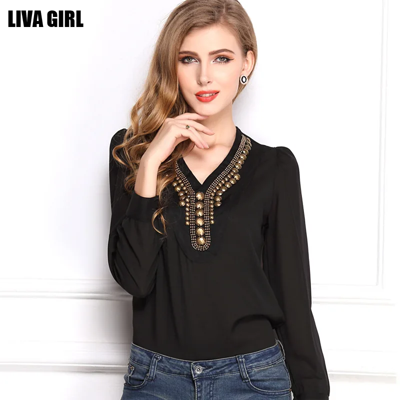 Summer Polka Dot Sequined women tops fashion black v-neck long sleeve chiffon shirt and blouses 2014 new ladies shirts - купить по