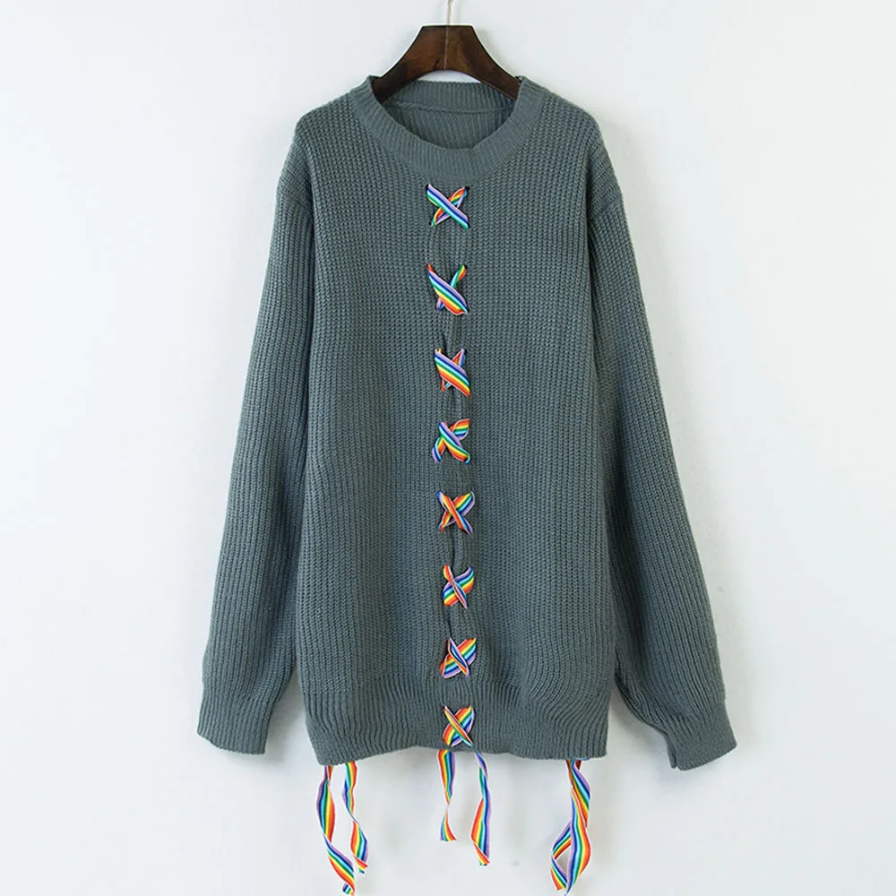 Bohemian Style Women Autumn Knitted Sweater Cross Lace Up Pullover Loose Casual Street Fashion Sweaters Boho Female Top Clothing | Женская
