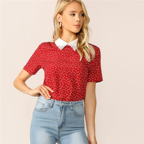 SHEIN женская красная опрятная футболка с принтом сердца и контрастным воротником, украшенная жемчугом, женские топы, летние повседневные футболки с коротким рукавом для студентов - Цвет: Красный