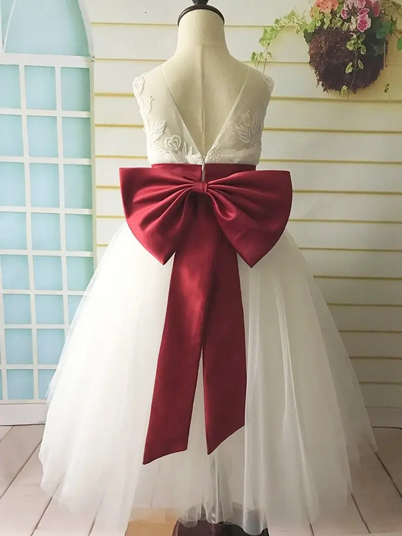 Lace Tulle Flower Girl Dress Wedding Tutu First Communication with Apple Red Sash Bows V Back | Свадьбы и торжества