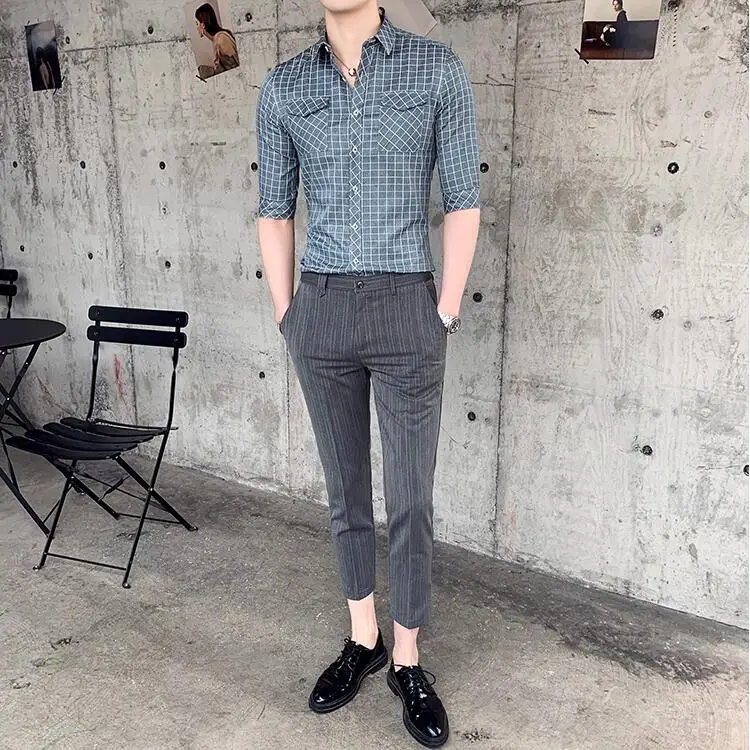 Мужская рубашка с карманами Повседневная из хлопка приталенная в клетку рукавом