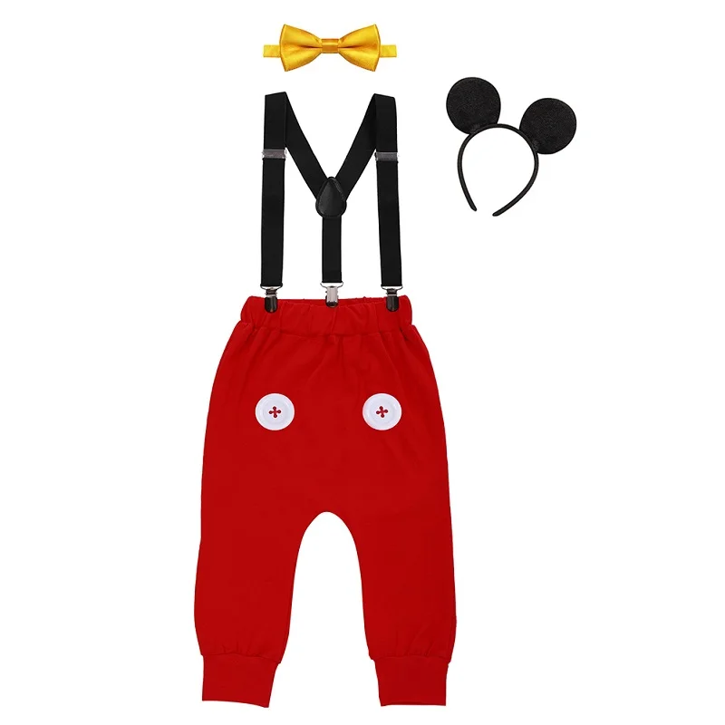 B 4 шт./партия, Симпатичные для маленьких мальчиков и девочек 1st День рождения костюм для Cake Smash шаровары подтяжки галстук бабочка повязка на голову Минни Мышь, одежда для малышей - Цвет: B