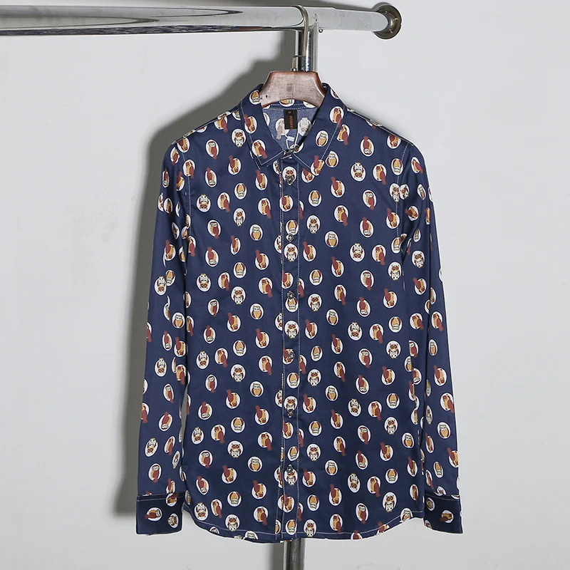 Мужская рубашка для отдыха темно синяя с длинным рукавом весенняя принтом хлопок