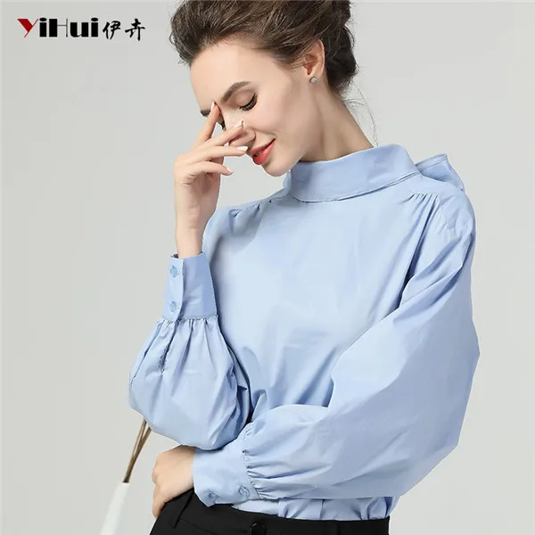 Sky Blue Женская белая блузка с бантом, Холтер, фонарь, длинный рукав, хлопковый топ, свободный, большой размер, весна-лето, Элегантные повседневные офисные блузки - Цвет: Sky Blue