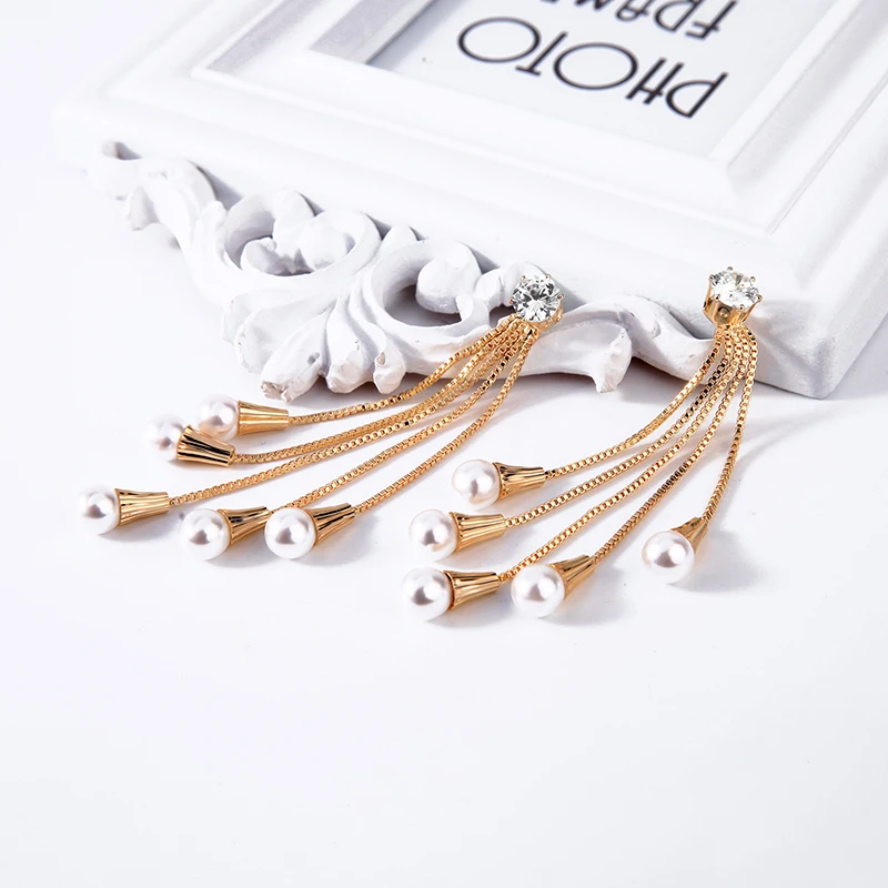 2 цвета элегантные длинные циркониевые висячие серьги с имитацией жемчуга для