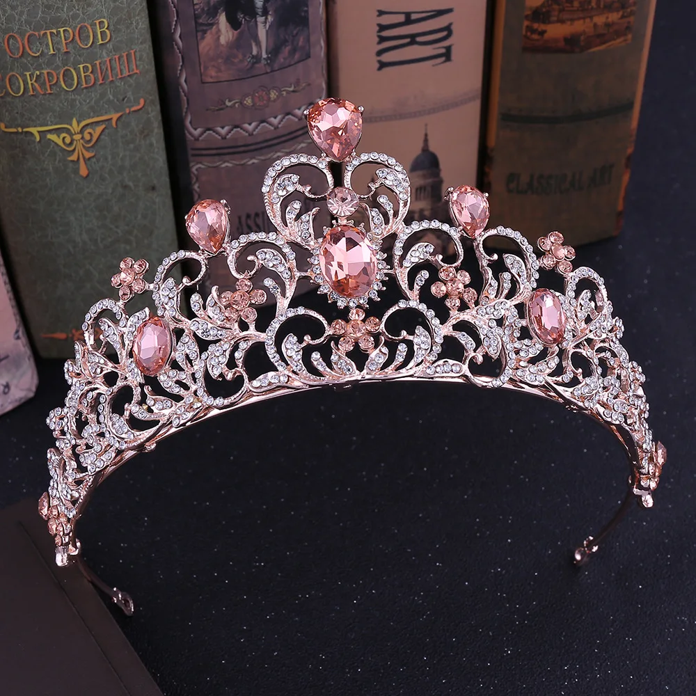 KMVEXO Rose Pink Peach Crystal Bridal Crowns Women Party Hair Decoration Flower Leaf Wedding Tiaras Bride Royal Queen Crown 2019 |