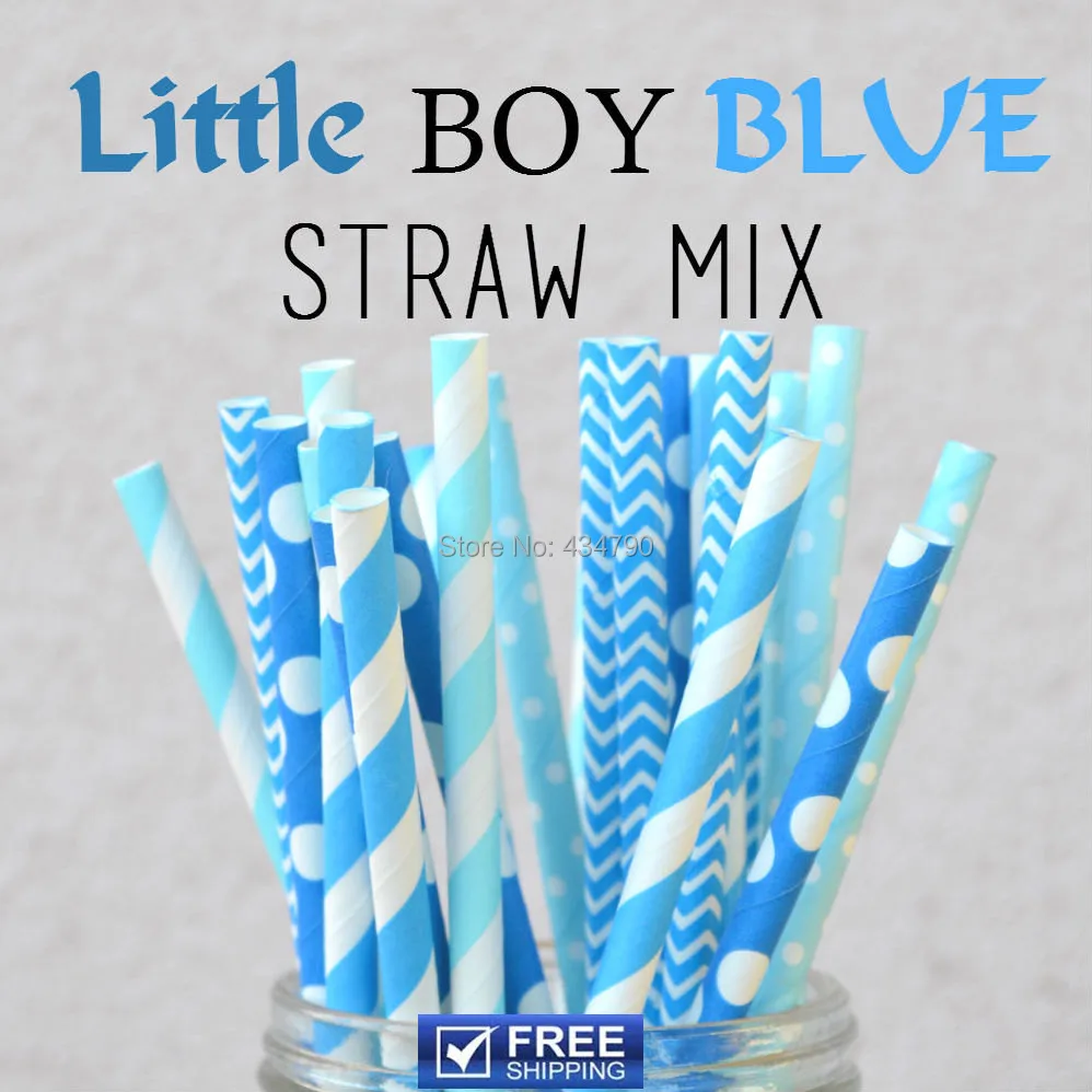 

200pcs Mixed 4 Designs Little Boy Blue Paper Drinking Straws, Royal and Light Blue Chevron, Striped, Swiss Dot, Party Supplies