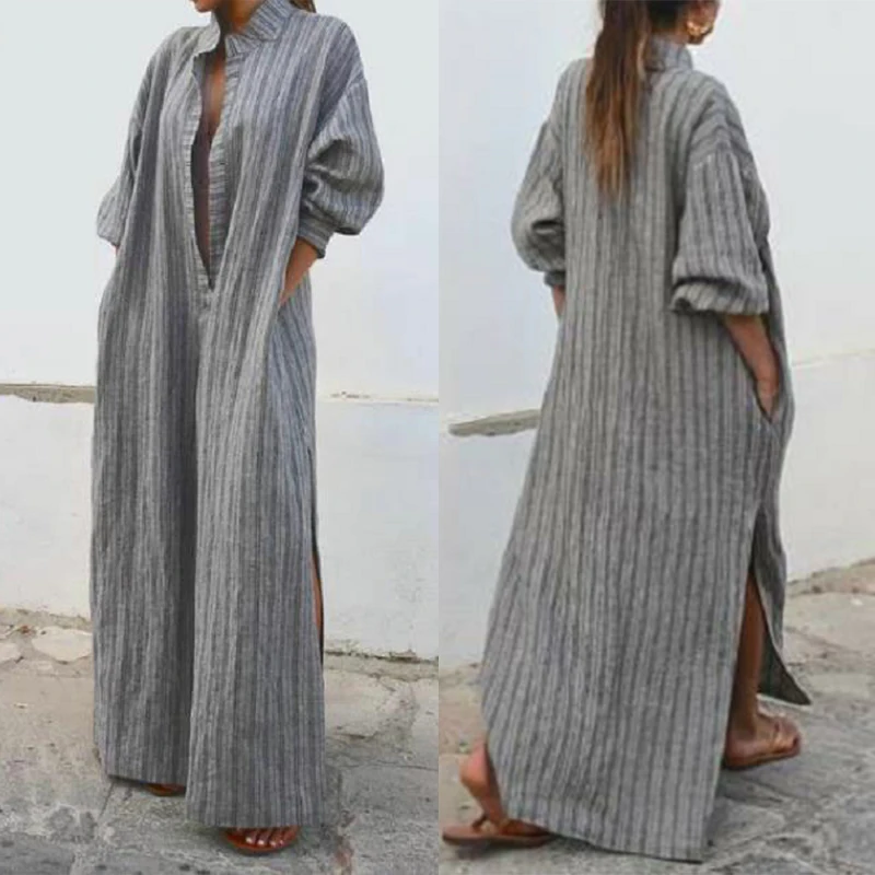 S-3XL платье Женская длинная рубашка полосатый воротник длинный рукав макси осень
