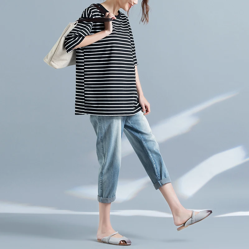 ZIPIPIYF 2017 spring and summer original size MM fat stripe casual T-shirt cotton blouse dress |