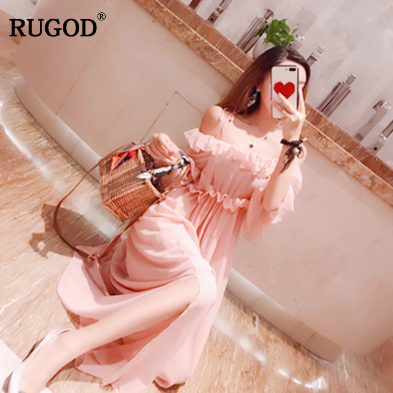 RUGOD 2018 Новое элегантное розовое пляжное платье с рюшами женское Модное шифоновое