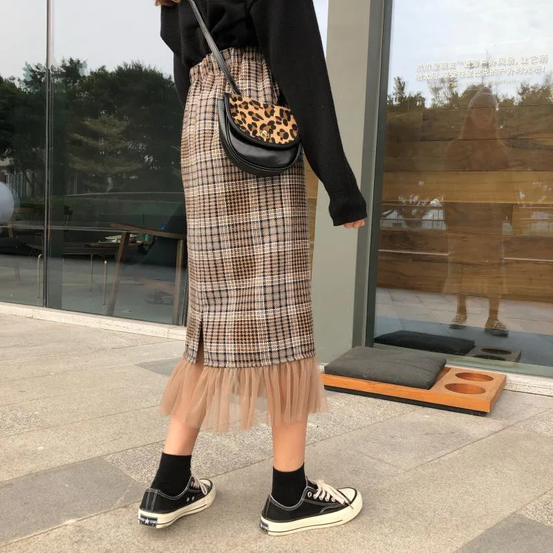 Осень-зима женские юбки Harajuku модные сетчатые строчки с эластичной резинкой на талии шерстяные юбки для девочек ретро клетчатые миди юбки низ