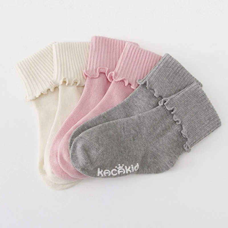 

Cute Newborn Baby GirlsSock Cotton Nonslip Floor Sock Solid Color Candy Colors Wavy Lace Flanging Short Socks 3 Pairs Soicks