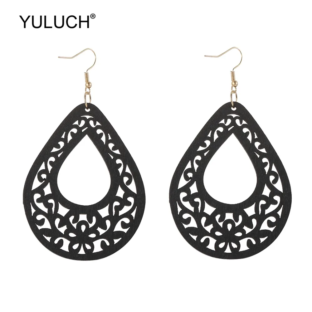 YULUCH 2019 модные 4 цвета деревянные полые цветочные висячие серьги этнические